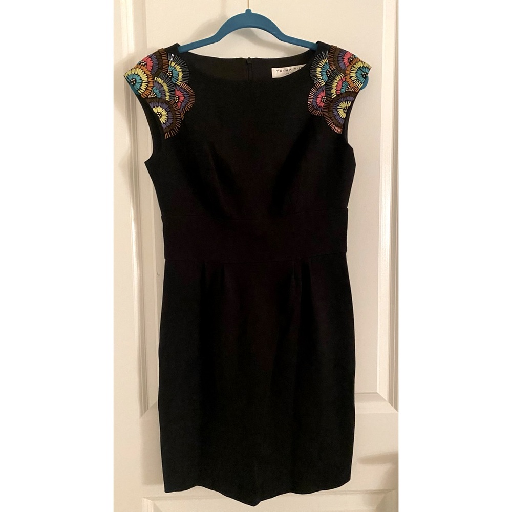 Trina Turk black embroidered shoulder sheath dress
